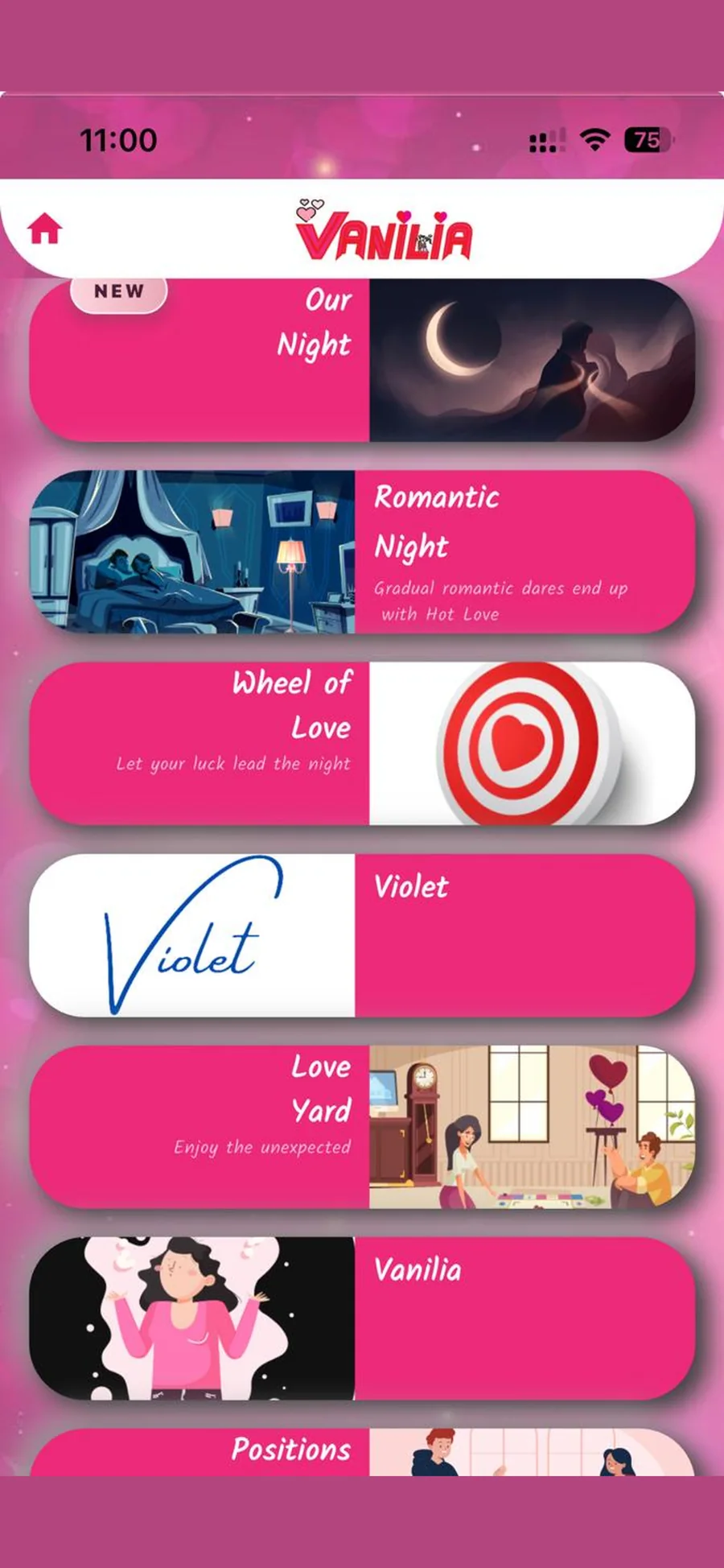 Vanilia games home screen
