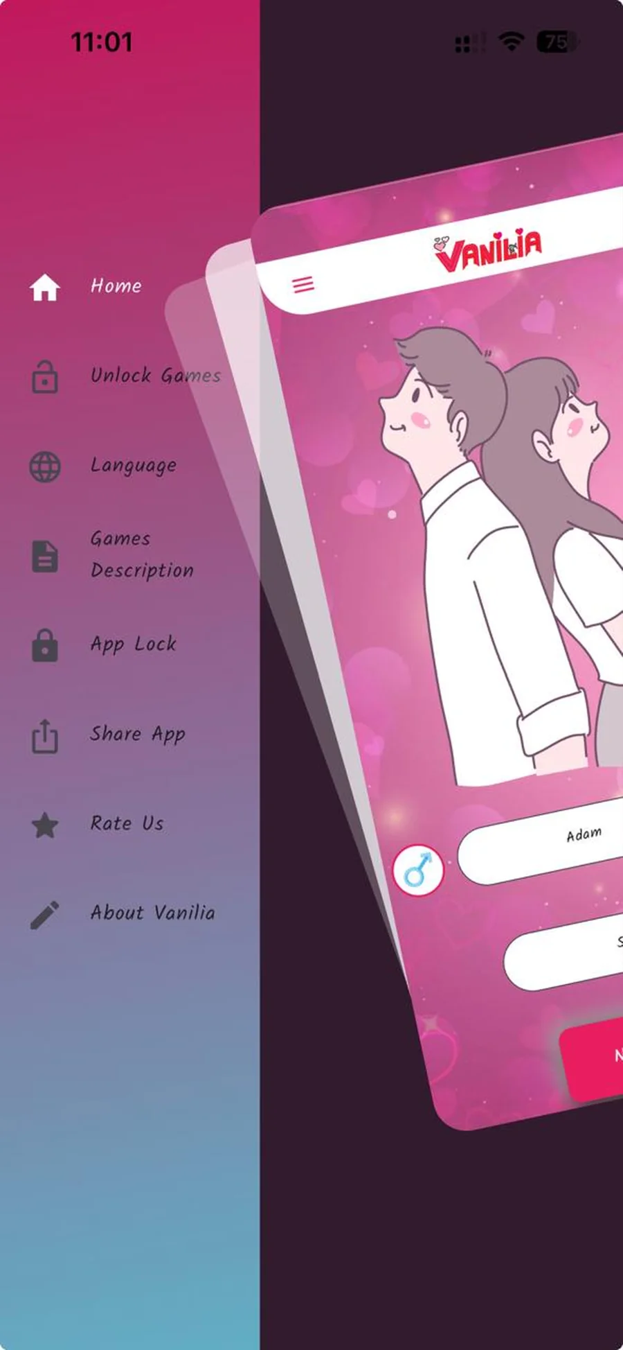 Vanilia app menu